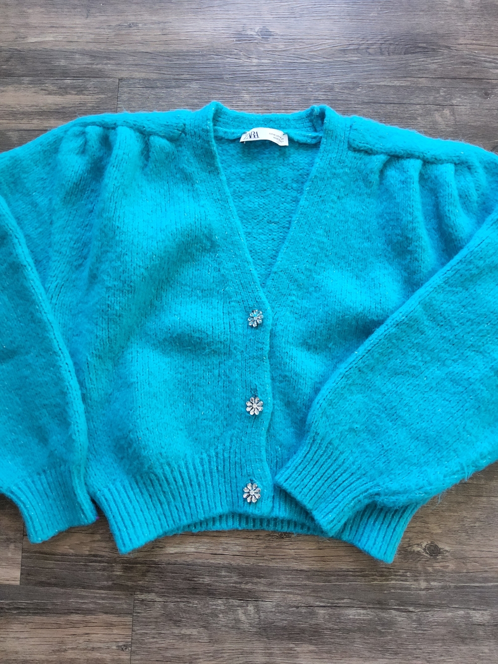 Zara Teal Blue Semi Cropped Knit Cardigan with Jewel Rhinestone Buttons